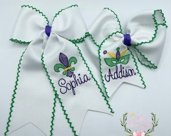 Custom personalized Mardi Gras moonstitch ribbon hair bow