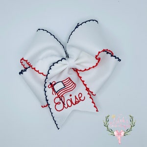 Custom embroidered personalized name patriotic, 4th of July, American flag  boutique moonstitch ribbon hair bow