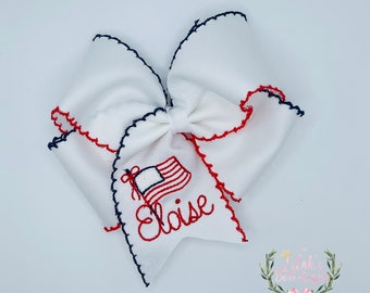 Custom embroidered personalized name patriotic, 4th of July, American flag  boutique moonstitch ribbon hair bow