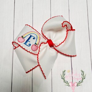 Custom embroidered personalized back to school rainbow apples moonstitch ribbon hair bow