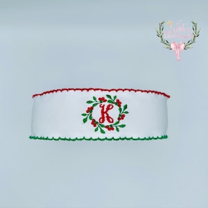 Custom embroidered monogrammed initial Christmas holly moonstitch ribbon headband