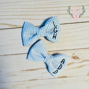 Custom made preppy monogrammed seersucker clip on bow tie. Toddler, child, teen, adults