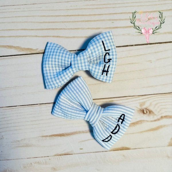 Custom made preppy monogrammed seersucker clip on bow tie. Toddler, child, teen, adults