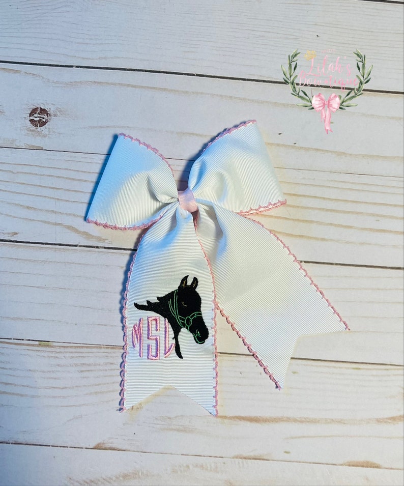 Custom monogrammed personalized embroidered horse, pony, moo stitch ribbon hair bow image 2