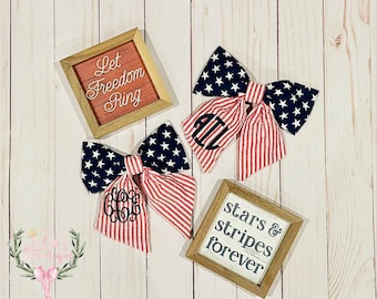 Custom boutique embroidered monogrammed stars & stripes fabric seersucker patriotic July 4th hair bow