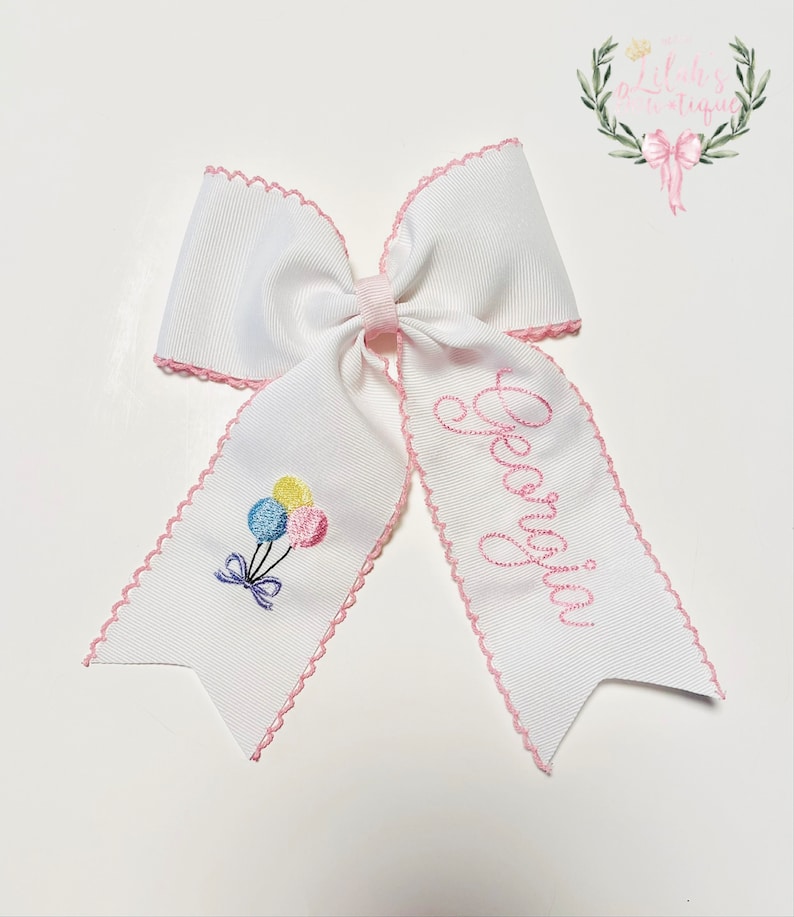 Custom personalized embroidered birthday balloons moonstitch ribbon hair bow 2 long tails