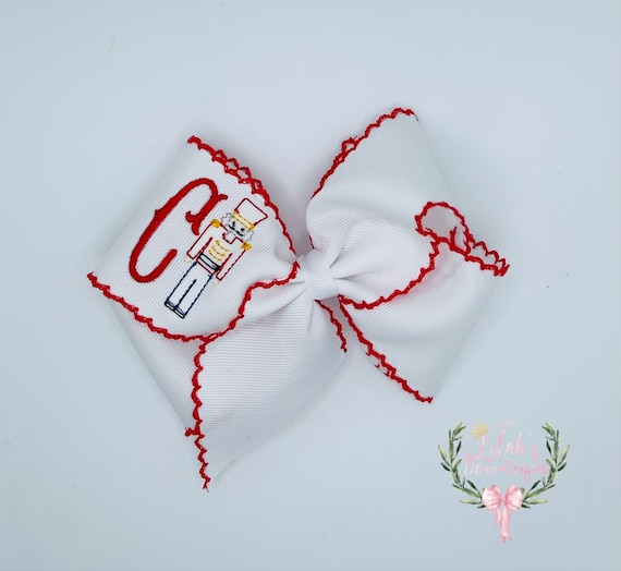 Custom personalized initial embroidered  Christmas nutcracker moonstitch ribbon hair bow