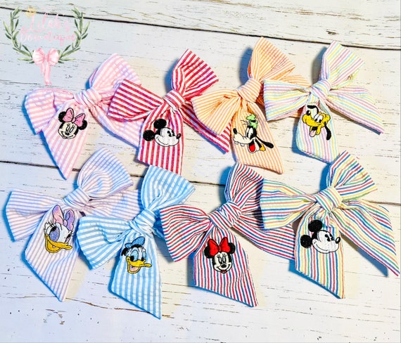 Custom embroidered Disney hand tied seersucker bow Mickey Mouse, Minnie, Donald, Daisy, Goofy & Pluto