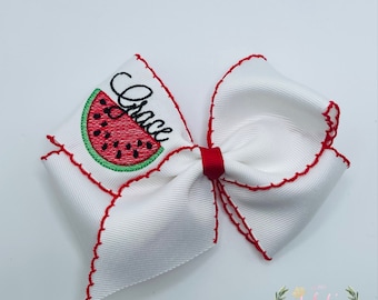 Custom embroidered personalized watermelon  moonstitch ribbon hair bow