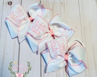 Custom embroidered Big Sister, Middle Sister, Little Sister moonstitch ribbon hair bow