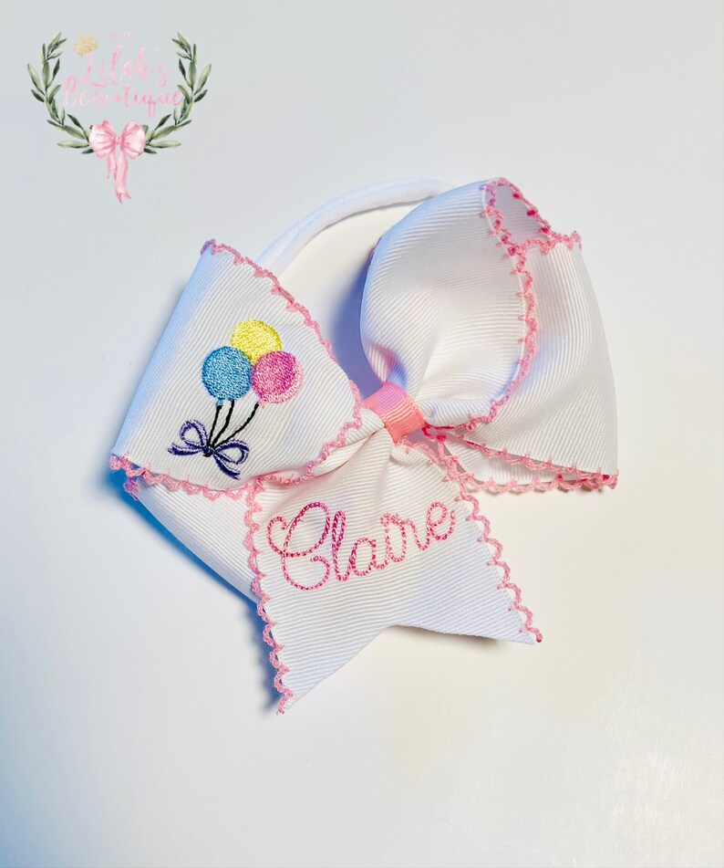 Custom personalized embroidered birthday balloons moonstitch ribbon hair bow image 3