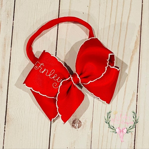 Custom personalized  vintage stitch embroidered name moonstitch ribbon hair bow