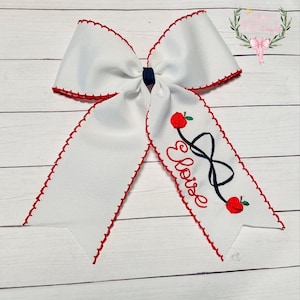 Custom embroidered personalized back to school ribbon & apple moonstitch ribbon hair bow