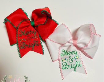 Custom embroidered Merry & Bright Christmas moonstitch ribbon hair bow