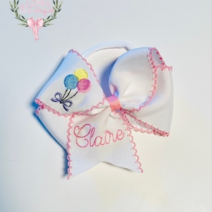 Custom personalized embroidered birthday balloons moonstitch ribbon hair bow Boutique