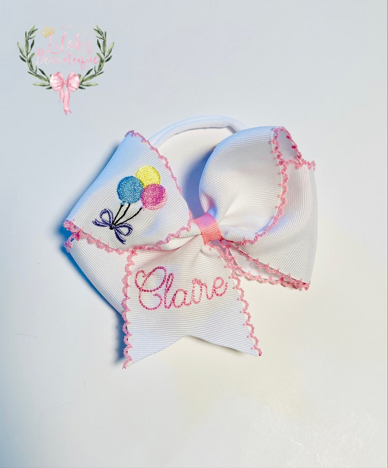 Custom personalized embroidered birthday balloons moonstitch ribbon hair bow Boutique