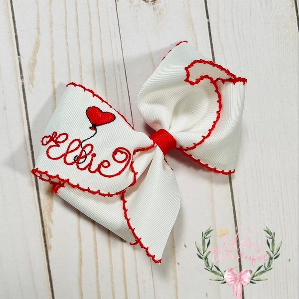 Custom embroidered personalized Valentine’s Day heart balloon moonstitch ribbon hair bow