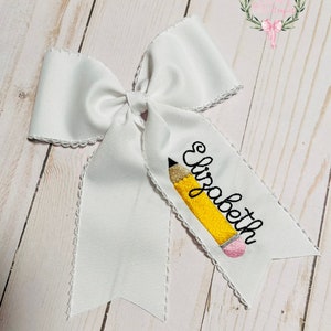 Custom embroidered personalized pencil name moonstitch ribbon hair bow, back to school
