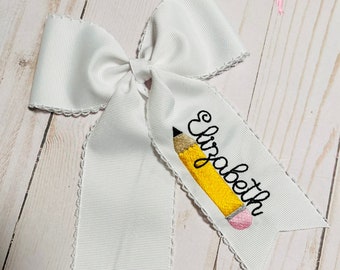 Custom embroidered personalized pencil name moonstitch ribbon hair bow, back to school