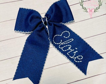 Custom personalized stitch embroidered moonstitch ribbon hair bow