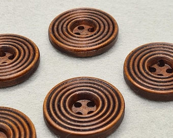 Set of 5 Carved Wooden Buttons, 25mm Dark Coffee Brown, 4-Hole Sewing Buttons