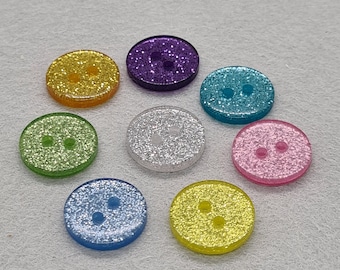 6x Glitter Resin Buttons: Round Sparkly 2-Hole Buttons (15mm)