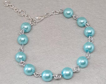 Handmade Beaded Bracelet – Aqua Pearlized Glass Beads, Adjustable Length, Elegant Gift for Her