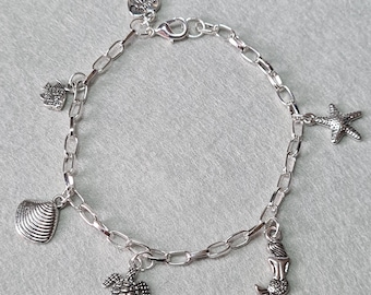 Silver Plated Ocean Charm Bracelet, Sea Turtle, Starfish, Mermaid, Seashell, Beach Gift