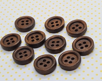 12mm Dark Brown Wooden Buttons, Set of 10 Round 4-Hole Crafting Supplies
