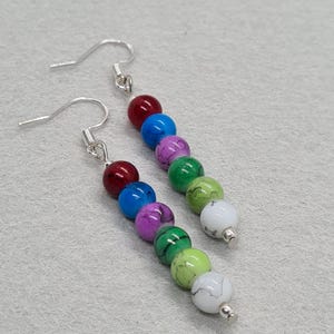 May include: A pair of dangle earrings with a sequence of colourful beads in red, blue, purple, green, and white. The beads are strung together with silver-coloured hooks.