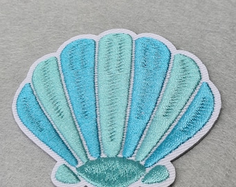 Blue Shell Embroidered Patch, Coastal Applique Motif 6cmx7cm Sea Life Embellishment