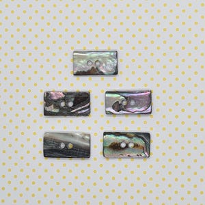 May include: Five iridescent rectangular buttons with two holes each. The buttons are made of mother of pearl and have a natural, organic look.