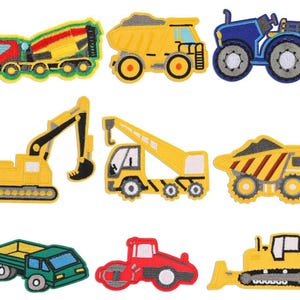 May include: Set of ten iron-on patches featuring different types of construction vehicles. The patches are yellow, blue, red, and green. The vehicles include a cement mixer, dumper truck, excavator, crane, bulldozer, and tractor.