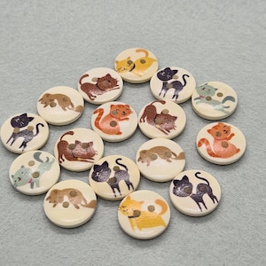 Set of 9 Cat Wooden Buttons – 15mm Mixed Kitten Craft Supplies