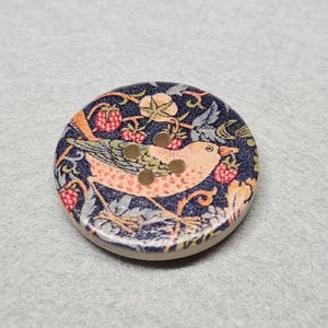 May include: A round button with a detailed illustration of a bird perched among berries and leaves. The button features a cream-colored bird with orange and brown accents, set against a dark blue background with red berries and green leaves.
