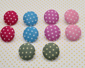 Set of 10 Fabric Covered Polka Dot Buttons, 15mm Shank Back Craft Buttons
