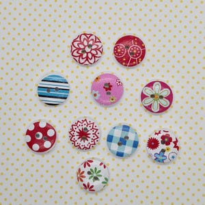 May include: Assortment of ten colourful wooden buttons with various patterns, including stripes, polka dots, flowers and gingham.