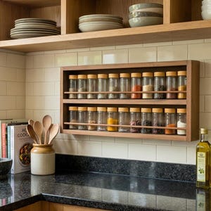 Può includere: Un portapezie in legno con due file di barattoli di vetro pieni di varie spezie. Il portapezie è montato su una parete piastrellata sopra un piano di lavoro scuro. Sono visibili anche un piccolo orto di erbe aromatiche e una bottiglia di olio d'oliva.