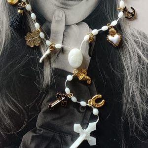 Italian Rosary Necklace: Green Enamel Charm Pendant