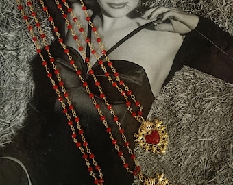 Red Crystal Rosary Necklace, Sacred Heart Pendant