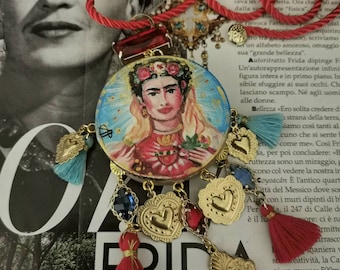 Women, Frida, italian tamburine necklace, sacred heart, milagros, tassell, Gipsy, Mexican,tamburello, Frida necklace