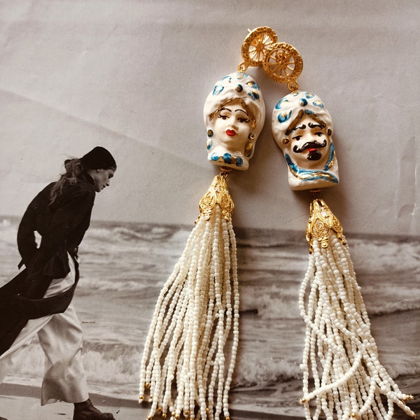 Perle di Sicilia,sicilian earrings,italian Caltagirone ceramic earrings,pearls tassel earrings,gipsy earrings,boho earrings,Summer earrings,