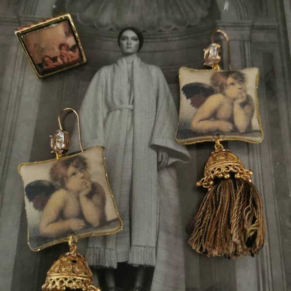 RAFFAELLO, cherubino italiano, orecchini pendenti, anello ceramica di Caltagirone, orecchini folkloristici italiani