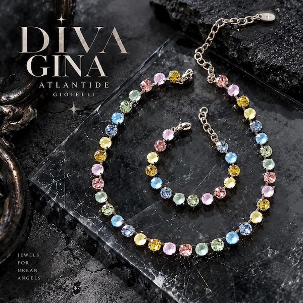 GINA, handgefertigtes mehrfarbiges Swarovski-Kristall-Tennis-Halsketten-Armband-Set