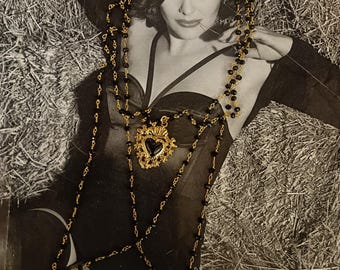 GLAMOUR TIME,Black Crystal Rosary Necklace, Sacred Heart Ex Voto Pendant