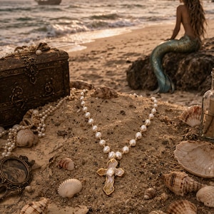 Op de afbeelding: Een gouden ketting met een parelsnoer en een kruisvormige hanger, op zand met schelpen. Een schatkist, een zeemeermin en een schip zijn op de achtergrond te zien, wat een strandthema creëert.