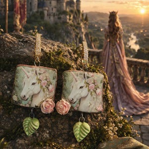 Orecchini unicorno da fiaba, gioielli medievali da principessa, orecchini pendenti romantici e fantastici, regalo unicorno floreale in stile cottage, orecchini in ceramica