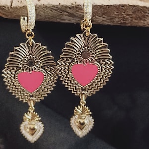 Pink sacred Heart enameled earrings,baroque earrings,catholic earrings