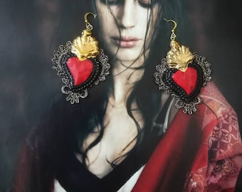 SACRO CUORE Glam,Flaming Heart,Sacred Heart,Relijous jewels,Vintage Assemblage,Milagro,Fob chain necklace.O