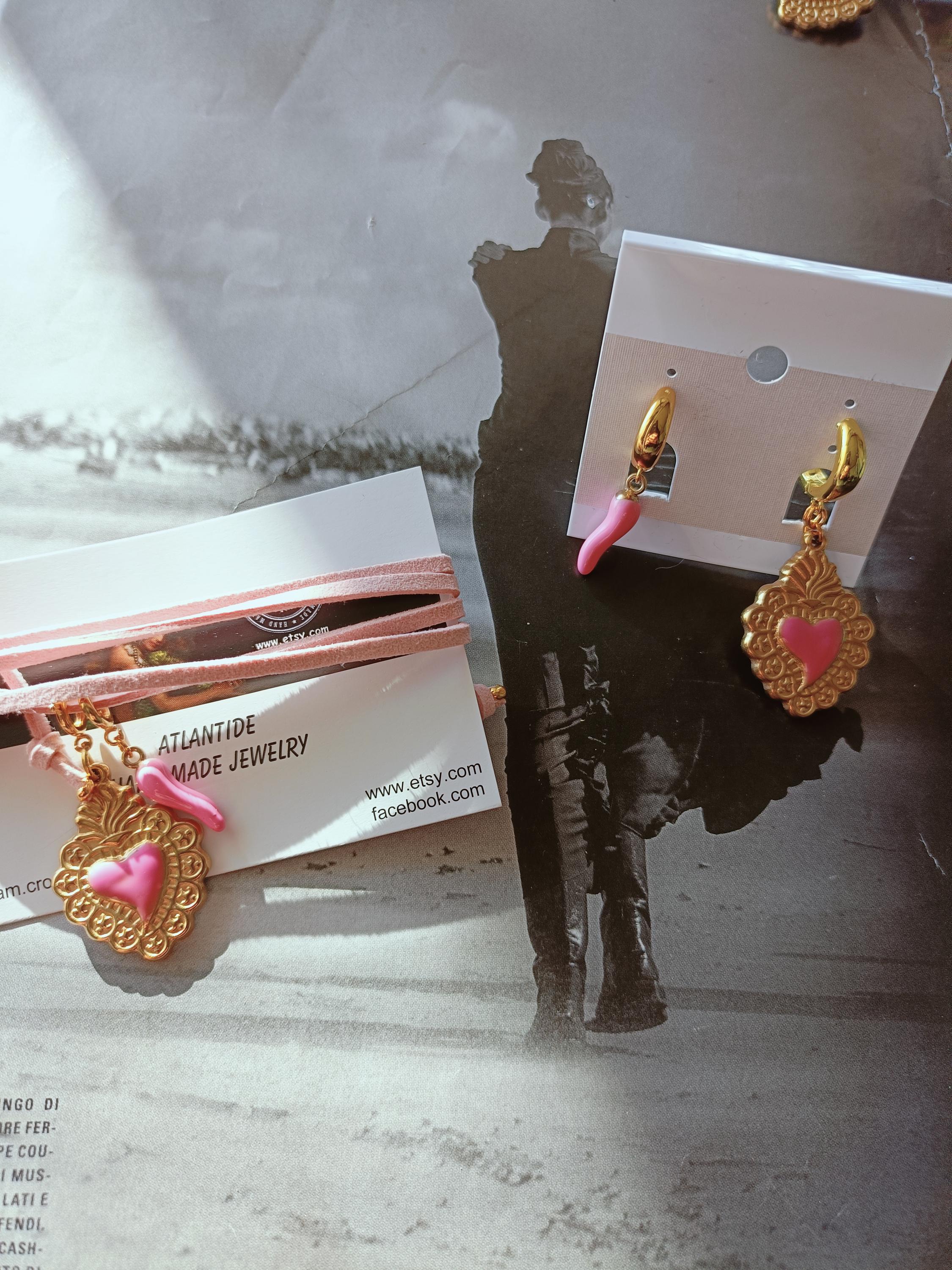 Pink Colors dream,glamour necklace,Heart ,cornicello,Hoop earrings,circle earrings,folk earrings,traditional italian earrings,sacred heart